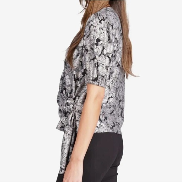 Michael Kors Black Silver Foil Paisley Wrap Top Blouse Women's Medium Tie Side - Picture 2 of 14